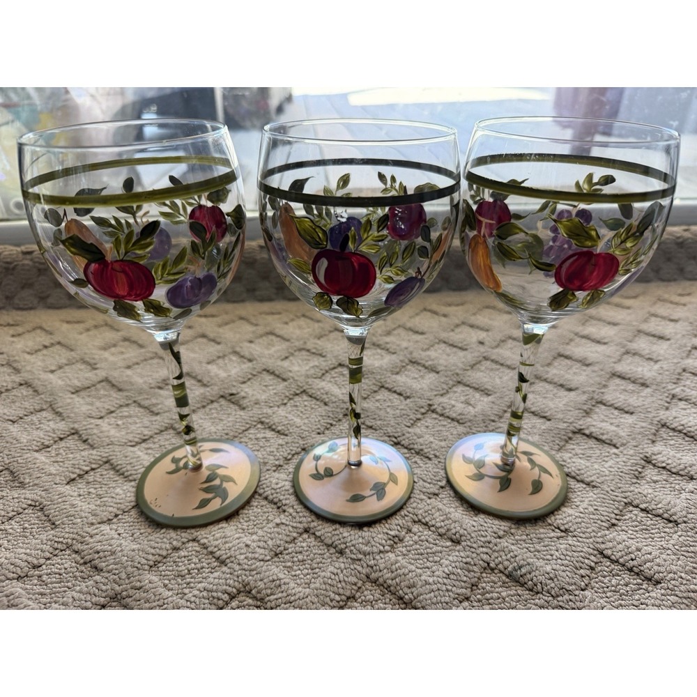 Set of (3) Gibson Hand Painted Crystal Goblets Wine Glasses